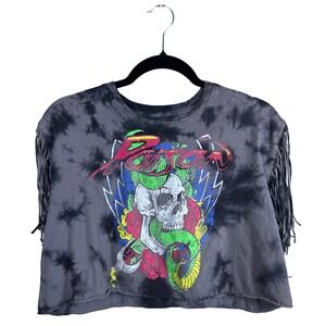Poison Band Tee Gray Tie Dye Fringe Crop Top Skull Graphic Shirt Womens Small